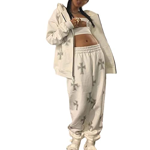 Yahbrra Ensemble Survêtement pour Femme 2 Pièces Y2K Esthétique Zip Up Croix Strass Sweat à Capuche + Pantalon de Survêtement Années 90 Vintage Pulls Streetwear Mode Costume Décontracté (Color : Whit