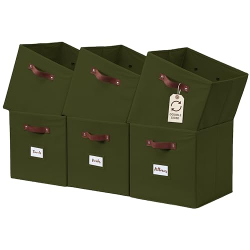 Image of DECOMOMO Storage Bins, Cube Storage Bin with Labels, Fabric Storage Cubes for Shelves (10.5" x 11" / 6pcs, Olive Green)