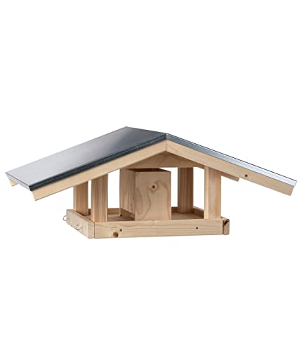 Dehner Natura Wildvogel-Futterhaus Karwendel, mit 4 Knödel-Haken und Futterschublade, 27.7 x 71.4 x 52 cm, Fichtenholz Natur/Blech
