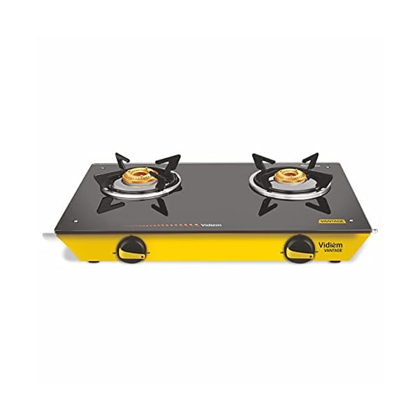 Vidiem Gas Stove G2 223 A Vantage (Yellow) | 2 Burner Gas Stove | Manual Ignition | 8mm Toughened Glass Top Gas Stove | Safety, Reliability, High Efficiency | ISI Certified | 2 years warranty