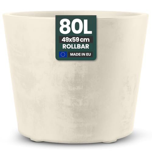 Kreher XXL Pflanzkübel Millennium mit rollbarer Plattform und einem Volumen von 80 Liter! Tolle Naturstein Optik in Braun oder Anthrazit! Maße: 59 x 49 cm (ØxH) (Creme)