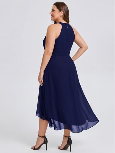 Image of Ever-Pretty Plus Women's Sleeveless Halter A Line Pleated High Low Plus Size Wedding Guest Cocktail Dresses 31926-DA