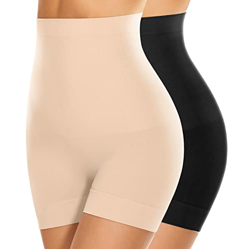 SIMIYA Calzoncillos para mujer, cintura alta, moldeador de figura, sin costuras, leggings cortos para abdominales, moldeadores de cuerpo, control de abdomen, ropa interior, Negro + Beige, XL