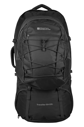 Mountain Warehouse Traveller 60L + 20L Rucksack - Large Backpack with Rain Cover, Detachable Daypack, Adjustable Back Support Travel Bag - For Camping, Hiking, Trekking Black One Size