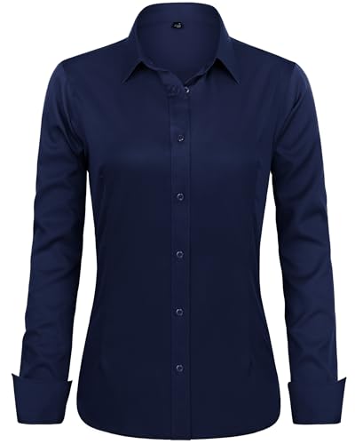 J.VER Long Sleeve Shirts for Women Wrinkle Free Button Down Shirt Office Work Dressy Petite Tops for Business Casual Trendy Navy Blue XS