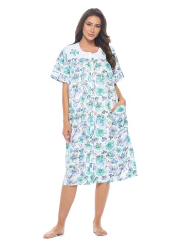 Image of Casual Nights Women's Snap - Front House Dress Short Sleeve Woven Housecoat Duster Lounger Robe with Pockets