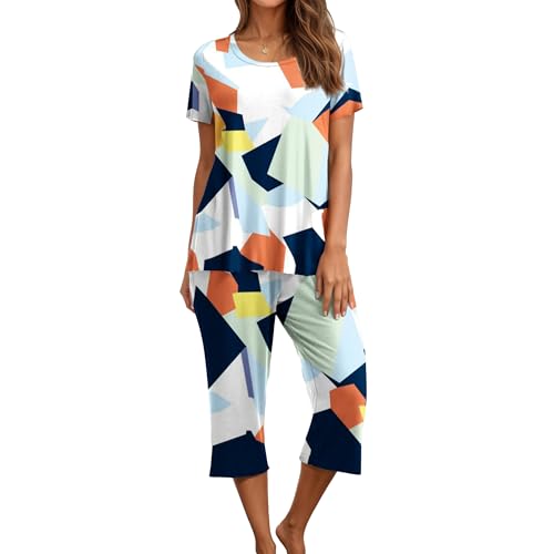 Women Boho 2 Piece Outfits Casual Floral Printed Matching Set Loose Short Sleeve Shirt Elastic Waist Capri Pants Suit