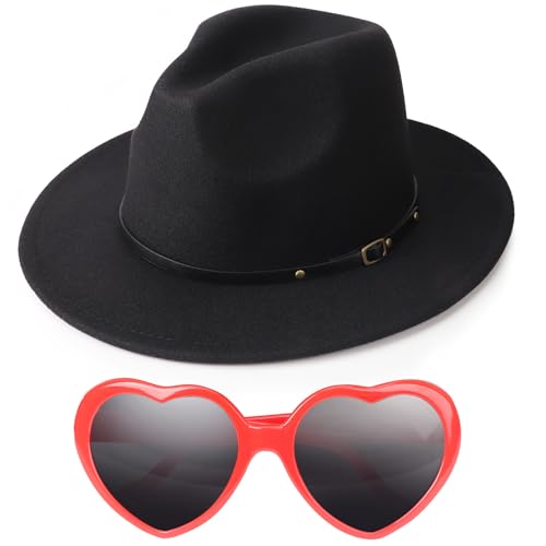 DRESHOW Women Classic Felt Fedora Wide Brim Floppy with Belt Buckle Panama Hat with Cute & Fashion Love Heart Shaped Sunglasses Oversized Eyeglasses Cat Eye Mod Style for Women