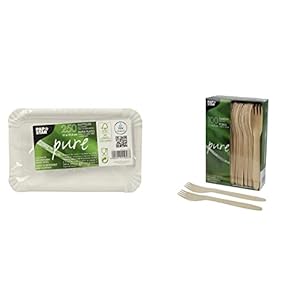 Papstar Pappteller / Einwegteller weiß, eckig, “Pure” (250 Stück), #11057 & Holzgabeln / Einweggabeln “pure” (100 Stück) Länge 16.5 cm aus natürlich hellem Birkenholz #18199