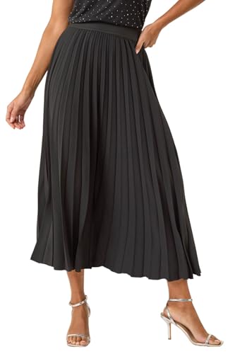 Roman Originals Pleated Skirt for Women UK Ladies Maxi Midi Crinkle Summer Smart Casual Evening Special Occasion Elasticated Waistband Party Holiday Long Crepe - Black - Size 16