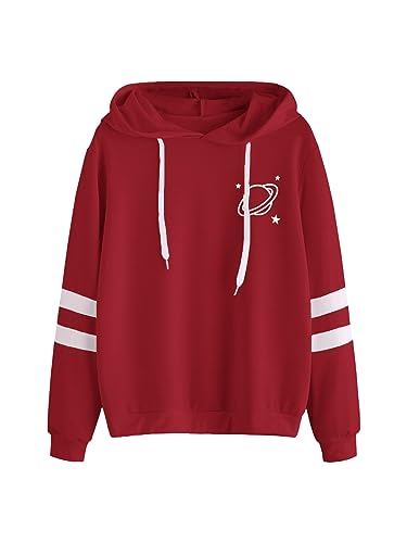 SweatyRocks Women's Planet Print Varsity Striped Drawstring
