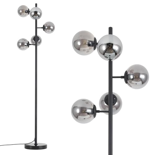 KCO Lighting モダン フロアライト 間接照明 スタンド インテリア 5灯 E26対応 LED 読書ランプ 操作&組立簡単 北欧風 おしゃれ オフィス 寝室 リビング (ブラック＋スモークグレー) 電球付き