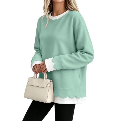 Pink Crewneck Sweatshirt for Women Scallop Hem Trendy Long Sleeve Tops - image 2