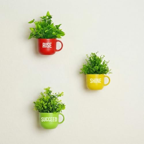 Image of Dekorly Colorful Wall-Mounted Mug Planters with Faux Greenery(20 CM)- Wall Decorative Pots for Vibrant Home & Office Decor| (3, Rise Shine Succeed)