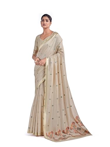 Monjolika Fashion Women's Cotton Silk Saree With Unstitched Blouse Piece (15300_Colors) (Beige & Maroon) Deal