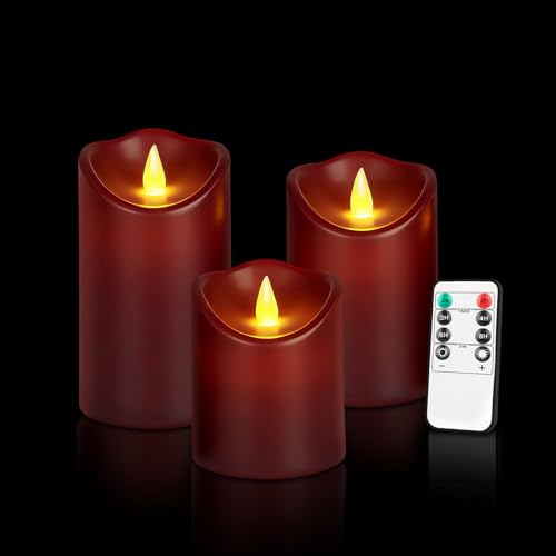 Image of Artmarry Flameless Candles 4 inch 5 inch 6 inch Set of 2 /3 /6 Outdoor Indoor Pillars Battery Operated Flickering Candles (Burgundy Candle - Moving Flame, 3 inch D X 4 inch|5 inch|6 inch H - 3 Pack)