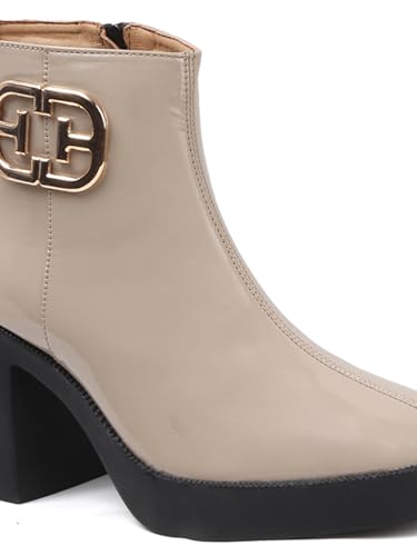 Image of ELLE Women's Glossy Platform Ankle Bootie Chunky Heel with Gold-Tone Emblem