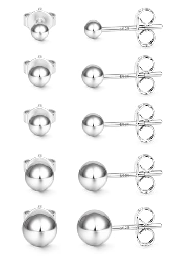 5Pares Pendientes Mujer Plata de Ley 925 Hipoalergenicos Piercing Oreja Juego de Pequeños Pendientes Boton Mujer Circonita Bola Corazón Flor Perla Cartílago Helix piercing para Mujeres Plata Bola