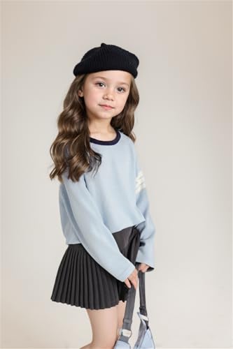 Image of Girls Color Block Pullover Sweater, Spring Fall Oversized Knit Long Sleeve Top with Striped Sleeve, Blue
