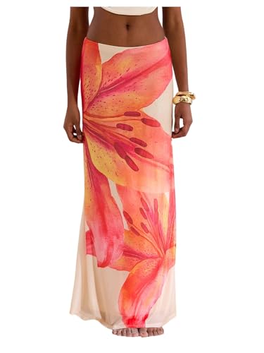 Milumia Women's Floral Low Waist Mesh Maxi Skirt Boho Bodycon Fishtail Long Skirts2