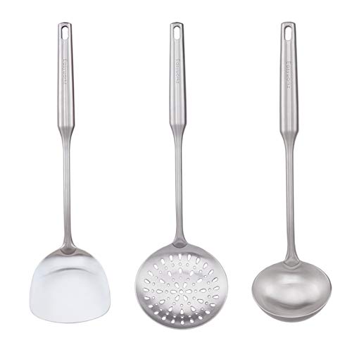 Easyworkz Stainless Steel 304 Kitchen Utensil 3pcs Set,Heat Resistant Hollow Insulated Handle Professional Kitchen Tools Skimmer Spatula Turner Soup Ladle,Brush Silver