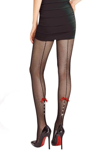 Collant Résille Dentelle Couture Ligne Strass Noeud , Noir, Taille Unique T1 à T3 (36-38-40)