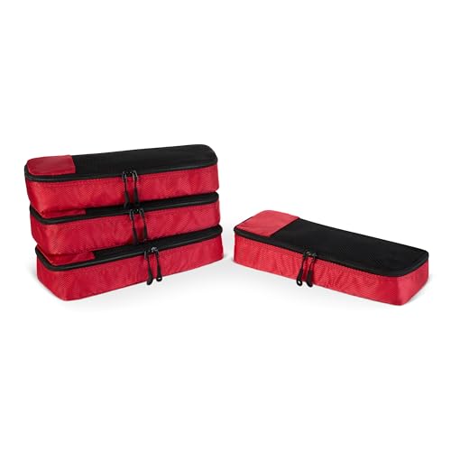 Amazon Essentials 4-Piece Space-Saving Packing Cubes Travel Accessories Set, Luggage Organizer with Double Zipper, Mesh Top, 100% Polyester, Slim, Red (Previously Amazon Basics)