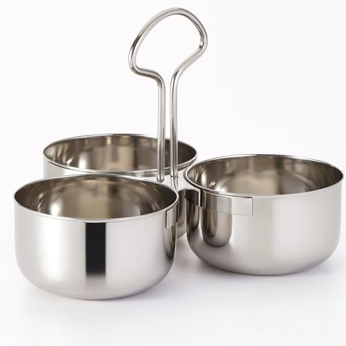 Mintage Saag Daan Steel with Handle 3 Compartments Sagdan | Big Size Saag Daan Steel Stainless Chaumukh | Heavy Gauge Double Serving Bowl with Handle | Home & Kitchen Storage Bowls
