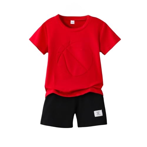 Image of Boys 2 Piece Outfits Short Sleeve Basketball Pattern T-Shirt and Shorts Summer Clothes for Kids 5-12 Years