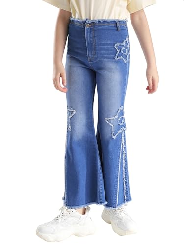 Hularka Kids Girls Cute Star Pattern Flare Jeans Bell Bottoms Denim Trousers Casual Raw Hem Retro Style Denim Pants