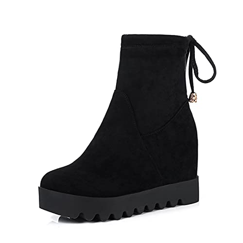 VOKLIN Women's Casual Round Toe Hidden Wedge Dress Ankle Boots Suede Lace Up Chunky High Heel Short Booties