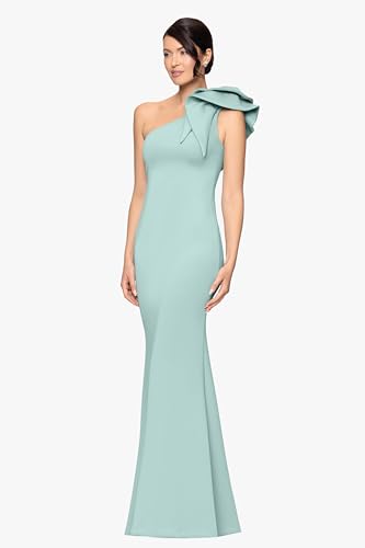 Image of Betsy & Adam Women's Long Halter Scuba Crepe Tiered Ruffle Slit Gown