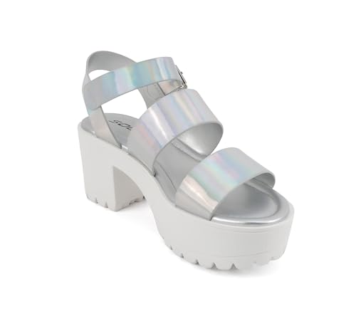 Image of Soda ACCOUNT ~ Women Open Toe Two Bands Lug sole Fashion Block Heel Sandals with Adjustable Ankle Strap
