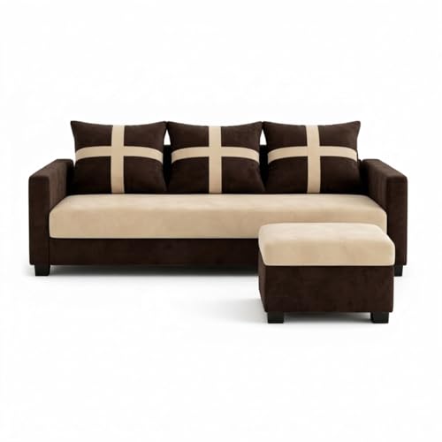 Image of Caviriq 4 Seater L Shape Sofa Set with Movable Ottoman | Flexible Left or Right Layout | Luxury Velvet Suede Fabric | Modern Living Room Sofa | Dark Brown-Cream
