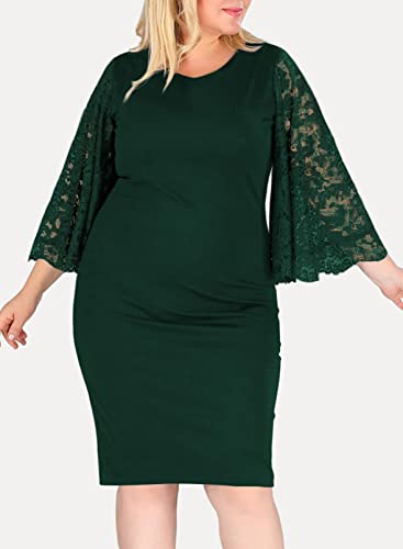 Eytino Women Plus Size Crew Neck Lace Bell Sleeve Mini Bodycon Business Pencil Dresses,2X Green #TOP1