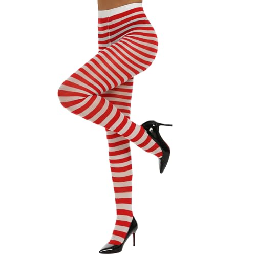 Image of MANZI Striped Tights for Women Footed Stretchy Opaque Pantyhose for Halloween Xmas 2 Pairs