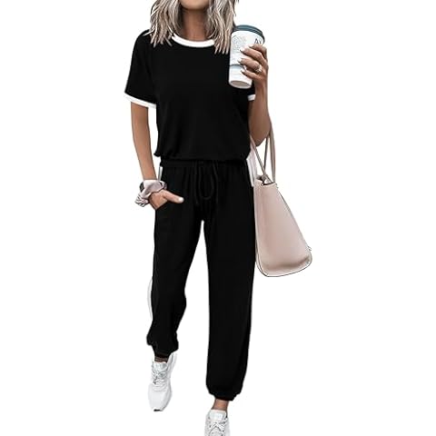 MASCOMODA Womens 2 Piece Outfits 2024 Summer Tracksuit Sets Short Sleeve Tops Long Pants Jogger Lounge Set(Black,Medium) Cover