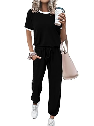 MASCOMODA Womens 2 Piece Outfits 2025 Summer Tracksuit Sets Short Sleeve Tops Travel Long Pants Jogger Lounge Set