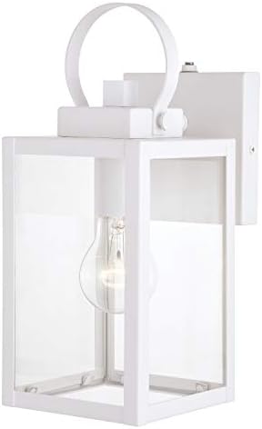 VAXCEL Medinah 12.25 in. H 1-Light Textured White Dusk to Dawn Sensor Transitional Outdoor Wall Sconce, Durable Steel, Clear Glass Shade, LED Compatible for Exterior Porch Patio Front Door or Garage