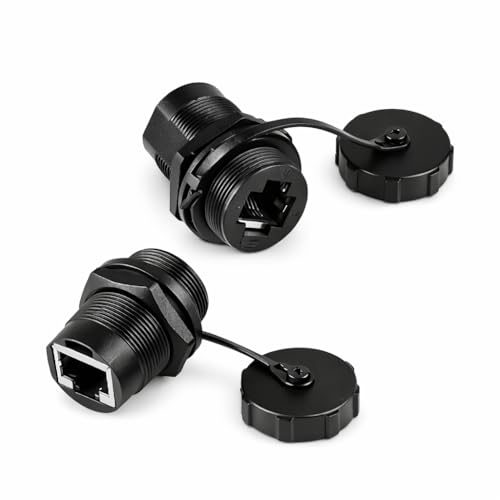 Image of Ethernet LAN Cable Connector, CAT6 RJ45-8P Shielded Industrial Panel Mount Bulkhead Feed Thru Coupler with Waterproof and Dustproof Cap By Surya Manufacturing Company