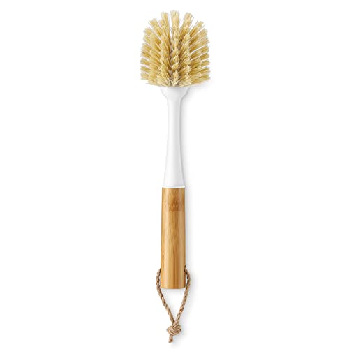 Image of SUBEKYU Dish Brush with Bamboo Handle, Kitchen Dish Scrubber Built-in Scraper, Scrub Brush for Cleaning Pans /Pots /Sinks, Sisal Bristles, 2P