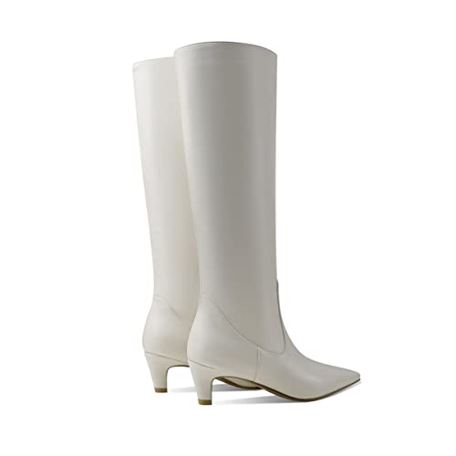 Women's Fashion Square Toe Matte Leather Solid Color Wide Calf Comfortable Slip On Low Kitten Heel Dress Knee High Boots4