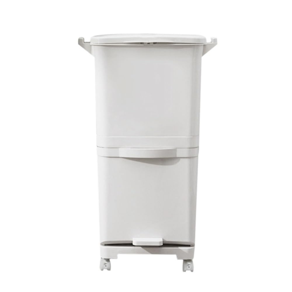 Bathroom Trash Can 38L Double Compartment Trash Can with 4 Casters White 2-Tier Design Waste Bin for Kitchen