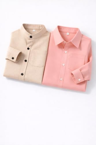 Image of Boys Mandarin Collar Shirt with Chest Pocket Beige and Rama Blue Color, Long Sleeve Button-Down Casual Shirt Pack of 2