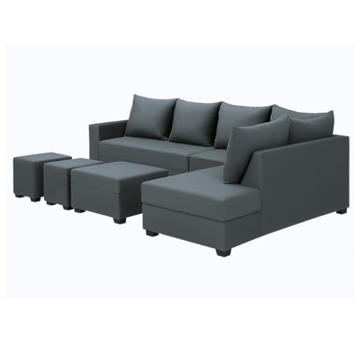 Image of FURNY Gloria 8 Seater Fabric RHS L Shape Sofa Set with 1 Centre Table & 2 Puffy (Dark Grey) Premium Velvet Finish | Durable Comfort | Ideal for Living Room