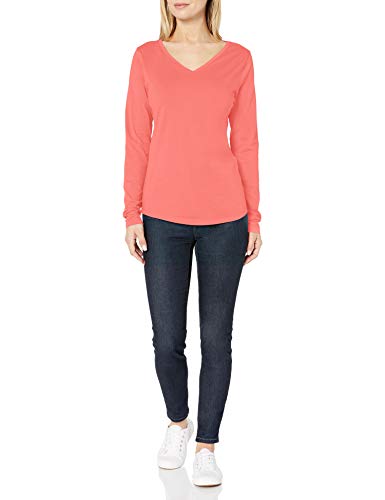 Amazon Essentials Women's Classic-Fit 100% Cotton Long-Sleeve V-Neck T-Shirt, Coral, Large