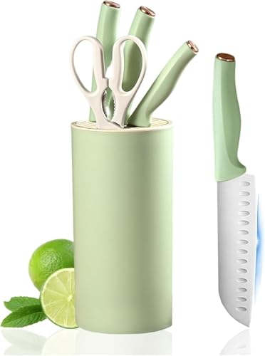 Kitchen Knife Set, 5 Pieces Professional Chef Knife Set with Universal Knife Block, Non-Stick Sharp Stainless Steel Cooking Knife Set with Sharpener Scissors for Cutting Slicing Dicing (Green)