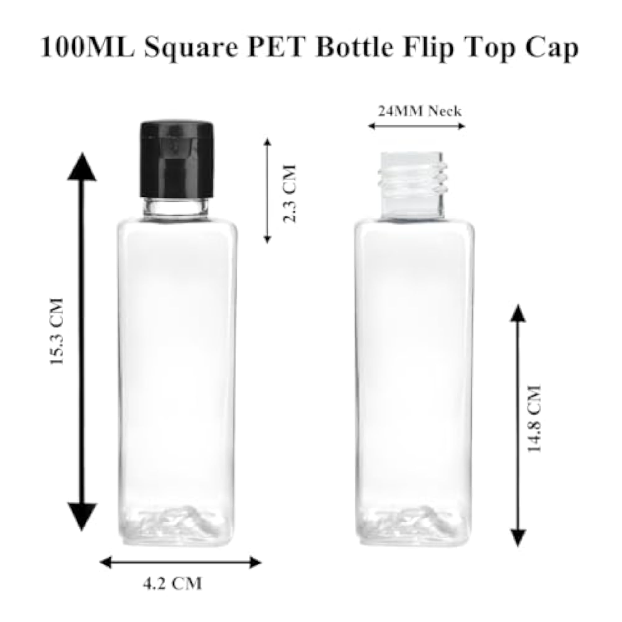 100ml Clear Empty Square PET Bottles with Black Flip Top Cap