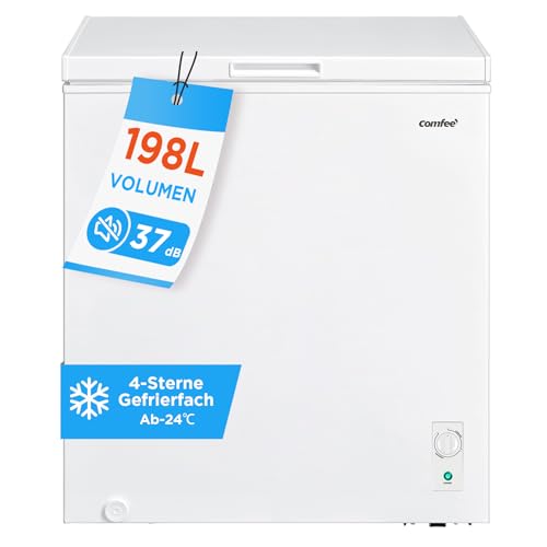 Comfee 198L Gefriertruhe, leise 37 dB, 4-Sterne-Gefrieren, Kühl-/Gefrier-Konvertierung (1–10°C / -24––12°C), 24‑h‑Schnellgefrierung 9kg, Energiesparender Inverter-Kompressor, Aluminium-Innenraum