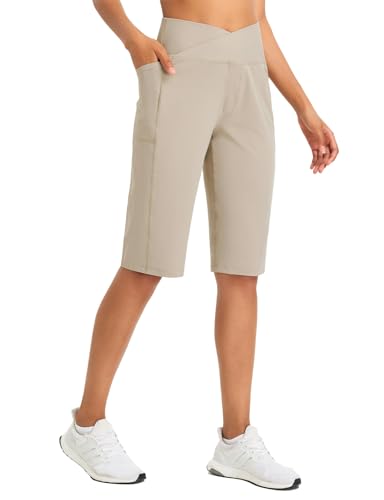 baleaf Women's Bermuda Long Shorts 14' Knee Length Capri Pants High Waisted Athletic Shorts with Pockets Summer Casual Khaki M